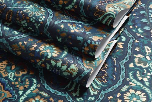 Paper wallpaper mockup featuring overlapping rolls with detailed floral motifs in dark blue, teal, and orange colors.