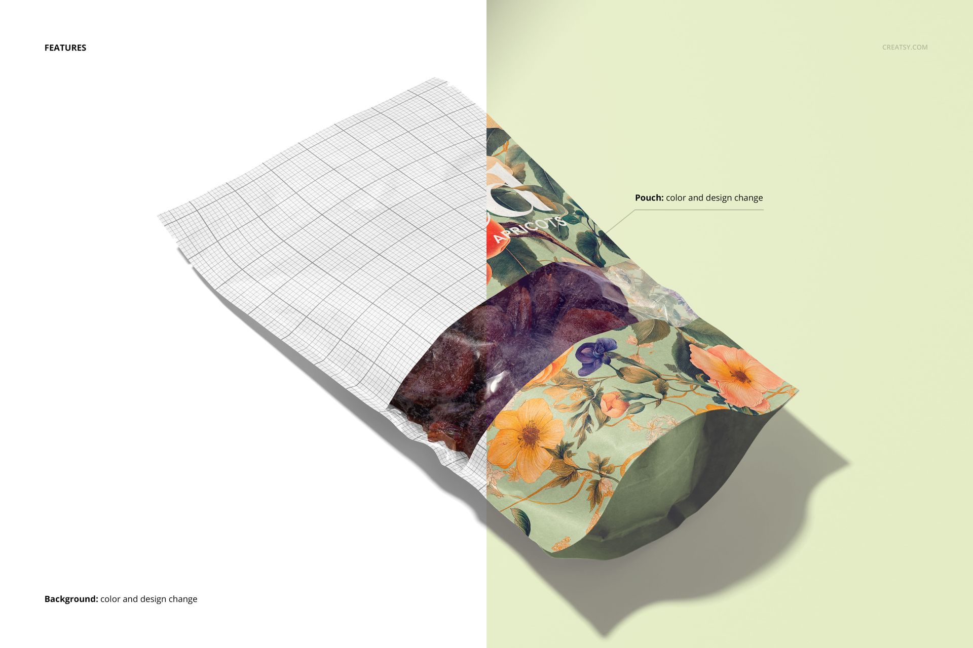Paper pouch mockup for dried apricots shown in a split design, with one half floral patterned and the other half in grid layout.