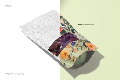 Paper pouch mockup for dried apricots shown in a split design, with one half floral patterned and the other half in grid layout.