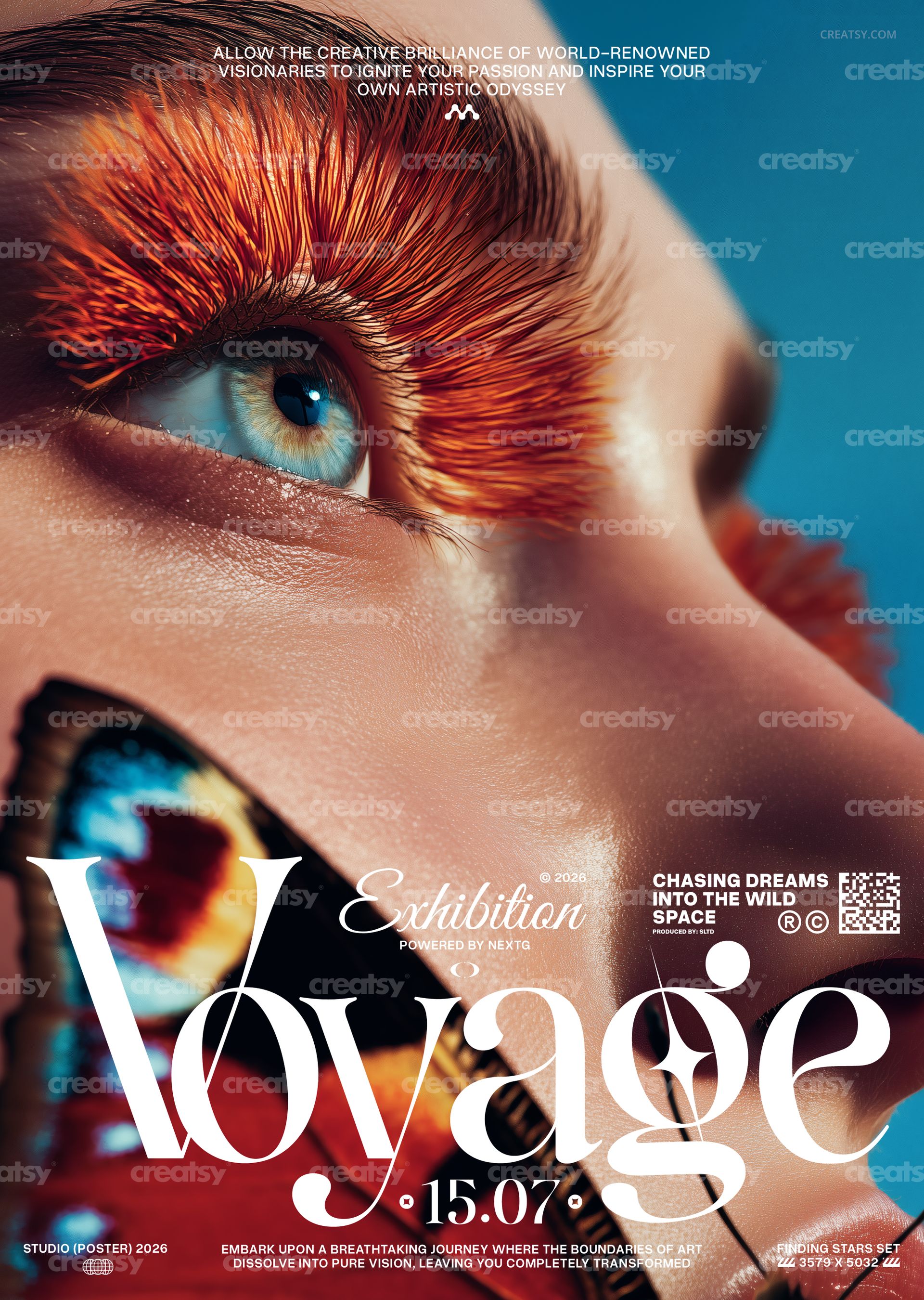PSD mockup of a poster with a surreal close-up of a person’s eye, butterfly wing makeup, and exhibition details in white text.