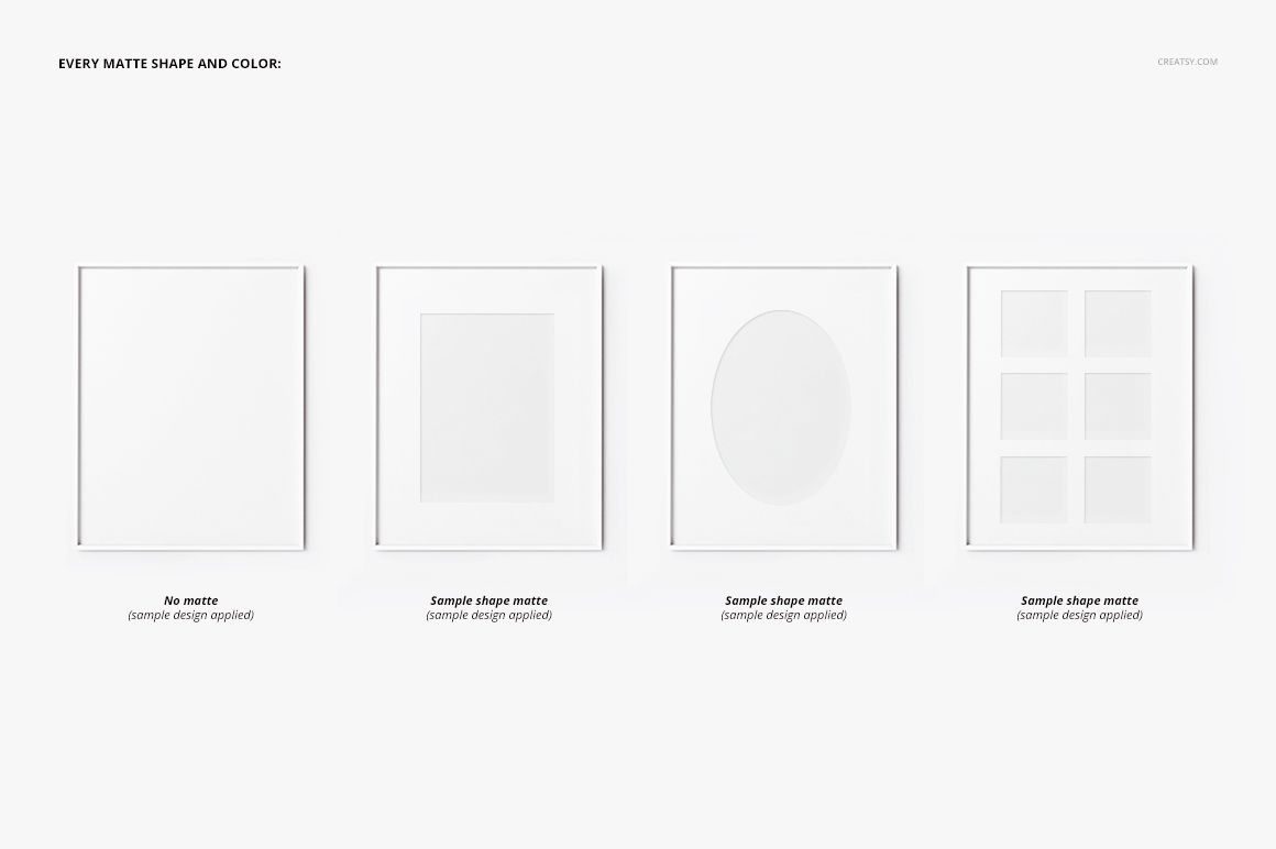 PSD mockup set showing four thin frames with various matte shapes, including square, oval, and grid layouts.