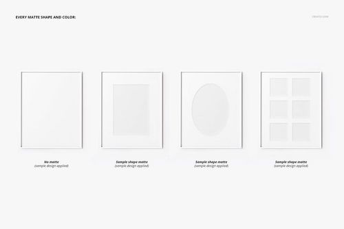 PSD mockup set showing four thin frames with various matte shapes, including square, oval, and grid layouts.