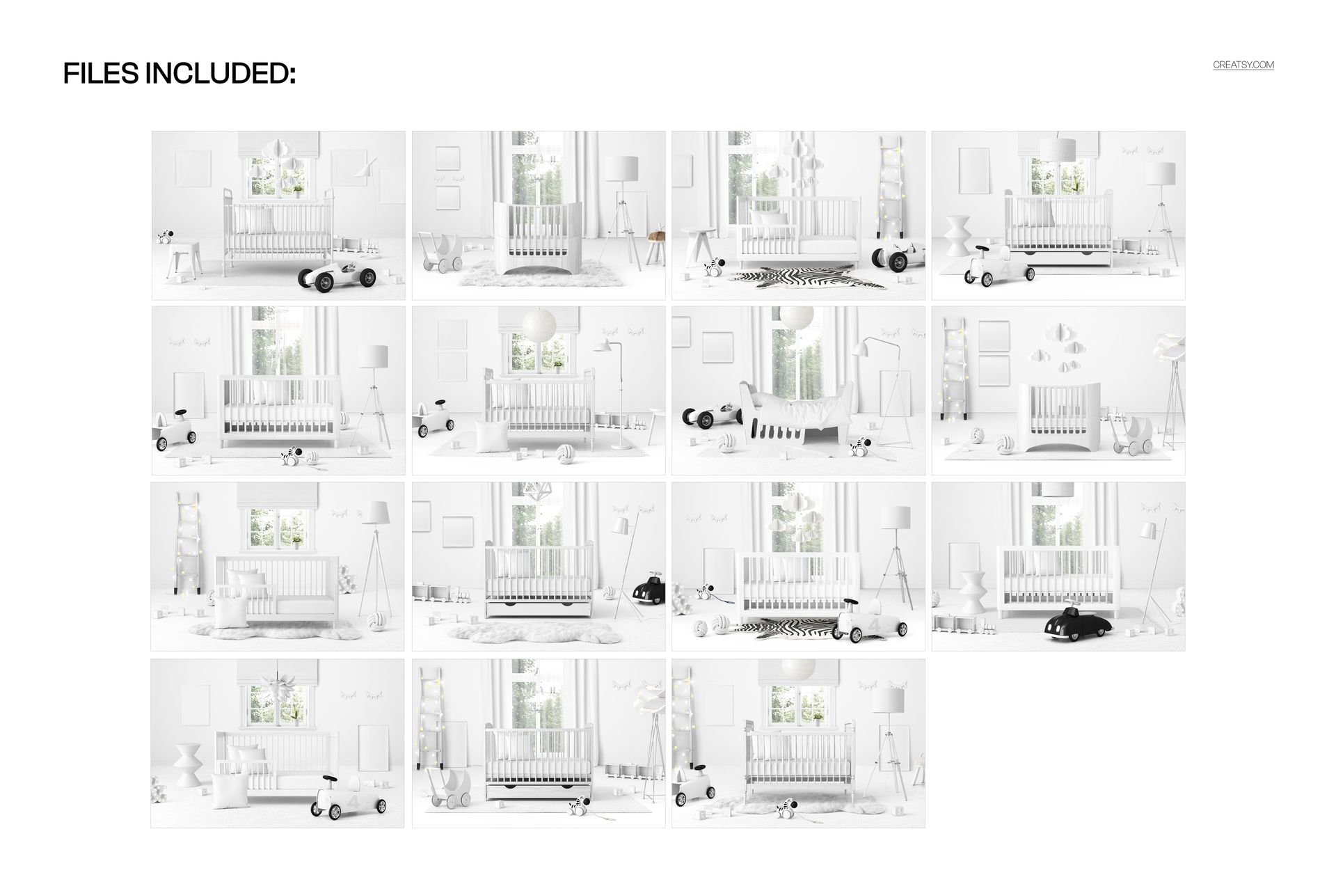 Collection of nursery mockups showing various baby cribs in bright rooms with playful decor and soft colors.