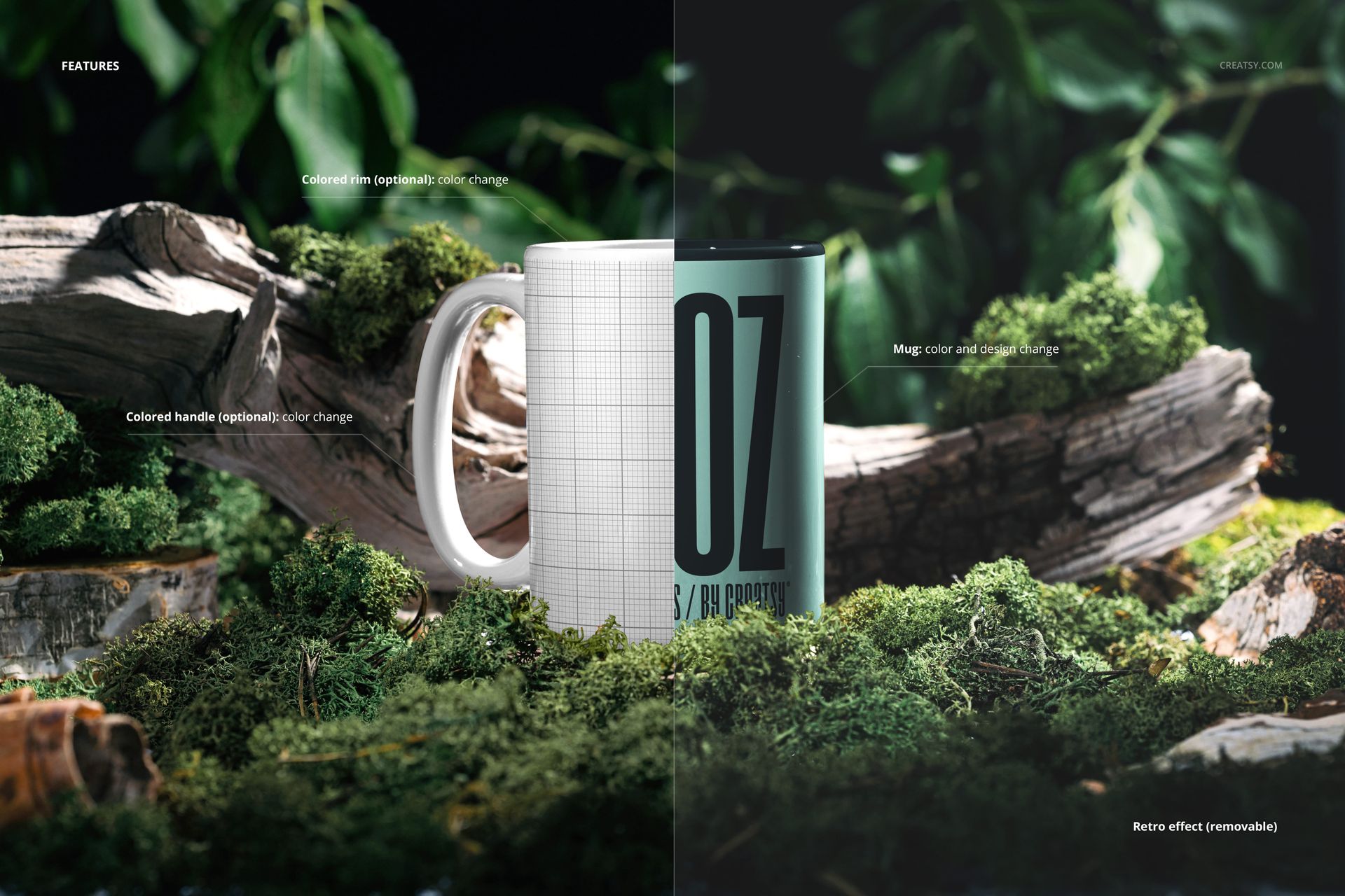 15 oz mug PSD mockup displayed in a lush forest scene with moss, branches, and green foliage, front side view.