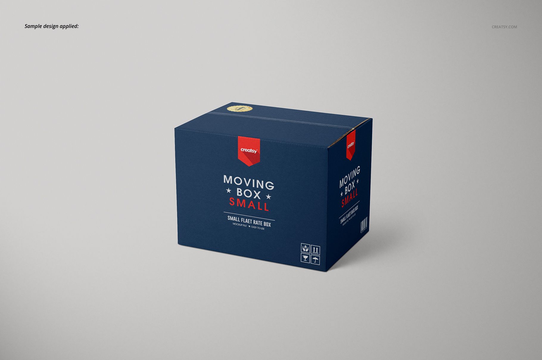 Blue rectangular moving box mockup shown at an angle, featuring white and red text details on a plain background.