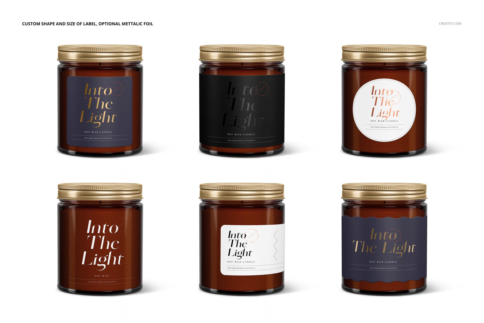 Amber jar candle PSD mockup set displaying six jars with assorted label designs and gold lids, isolated on white.