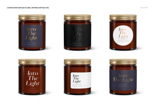 Amber jar candle PSD mockup set displaying six jars with assorted label designs and gold lids, isolated on white.