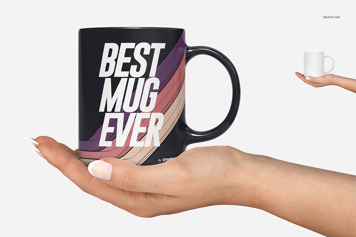 PSD mockup showing a 11oz mug with graphic text and wavy pastel pattern, held in an open palm against a plain backdrop.