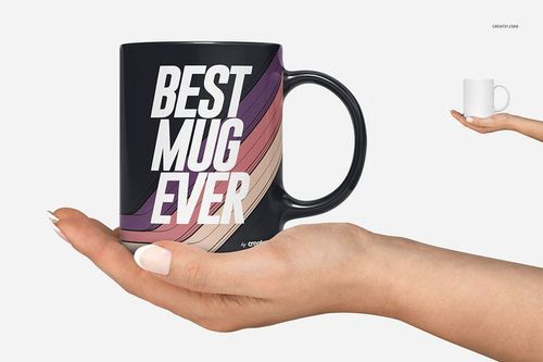 PSD mockup showing a 11oz mug with graphic text and wavy pastel pattern, held in an open palm against a plain backdrop.