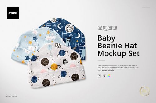 Baby beanie hat PSD mockup set with assorted whimsical prints, arranged overlapping on a clean, white backdrop.