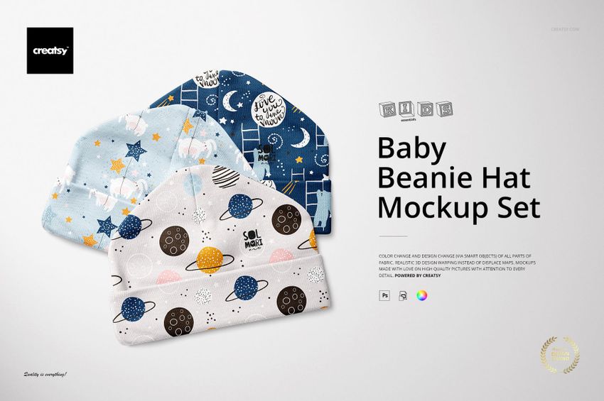 Baby beanie hat PSD mockup set with assorted whimsical prints, arranged overlapping on a clean, white backdrop.