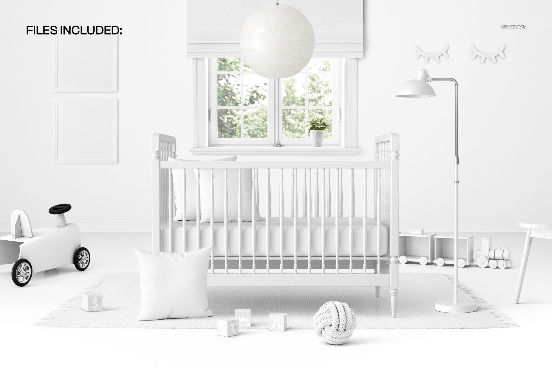 Vintage baby crib mockup in a minimalist nursery with soft white tones, toy car, pillows, and playful props.