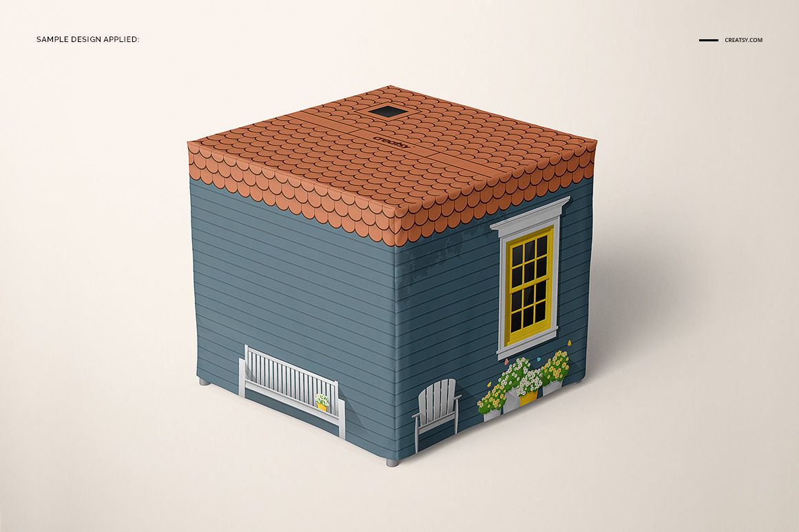 Square playhouse mockup with blue walls, orange shingle roof, yellow window, white bench, and flower box, front view.