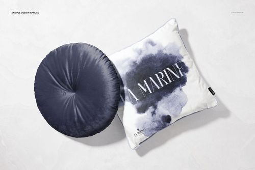Square and round cushions shown side by side, highlighting velvet texture and piping in a home decor PSD mockup.