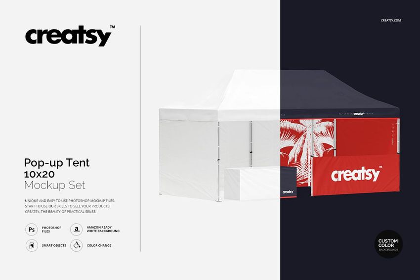 Front view of a large pop-up tent mockup, displaying white sides, a dark blue roof section, and a red branded banner.