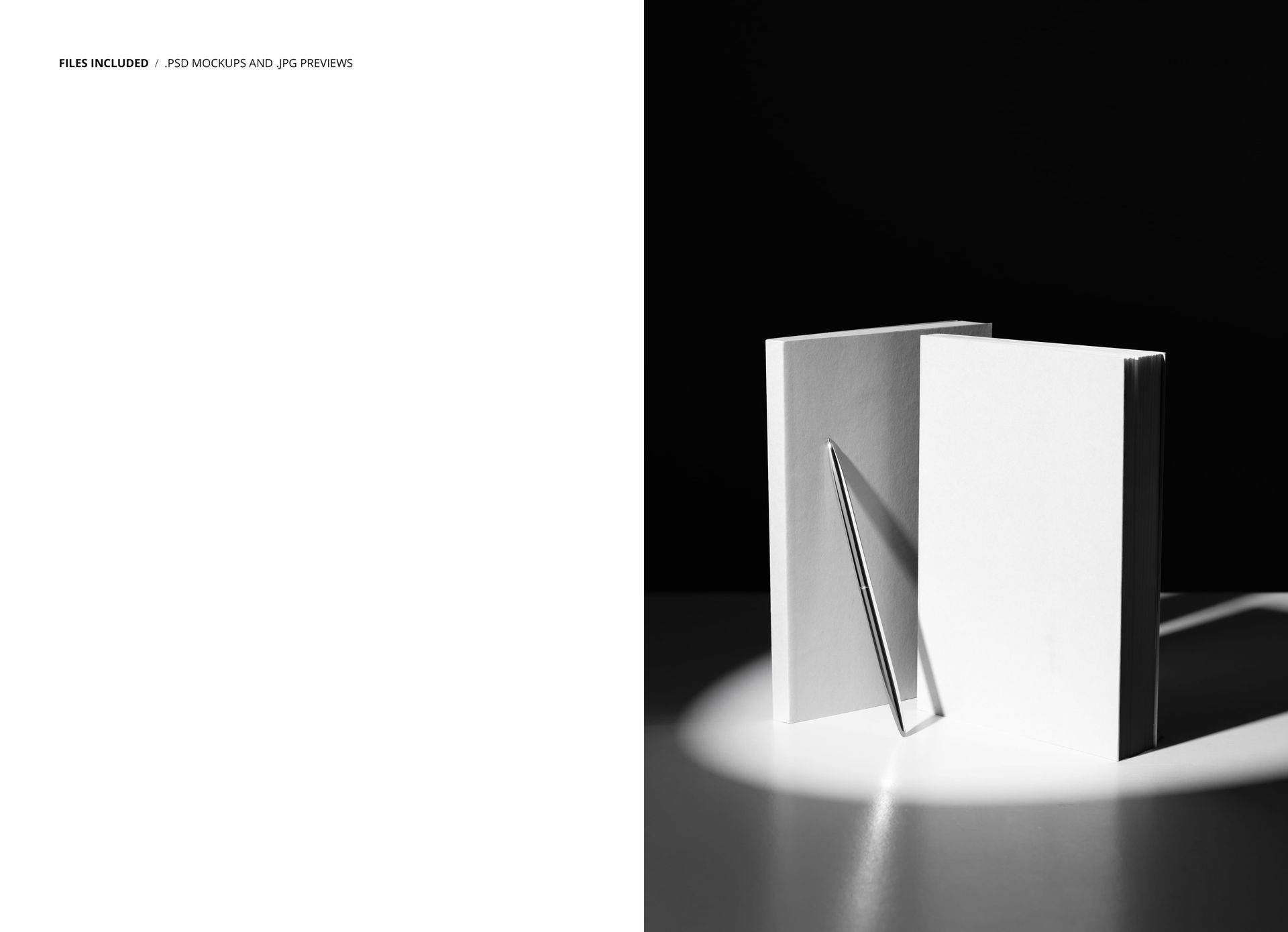 PSD mockup showing two blank planners standing side by side, highlighted by dramatic lighting and soft shadows.