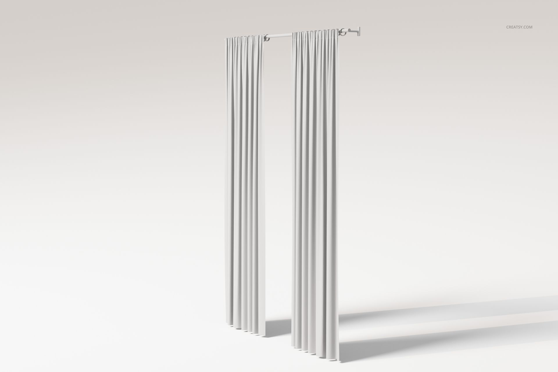 Front view of two white pencil pleat curtains hanging from a rod, displayed against a plain light background.