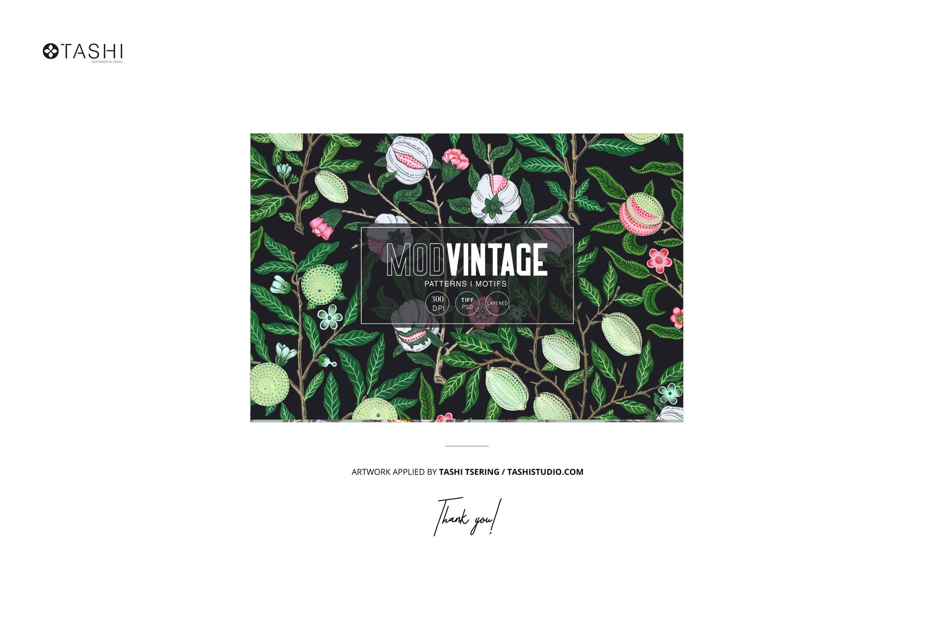 Front view of fabric rolls mockup featuring a dark background with colorful vintage fruit and floral patterns.