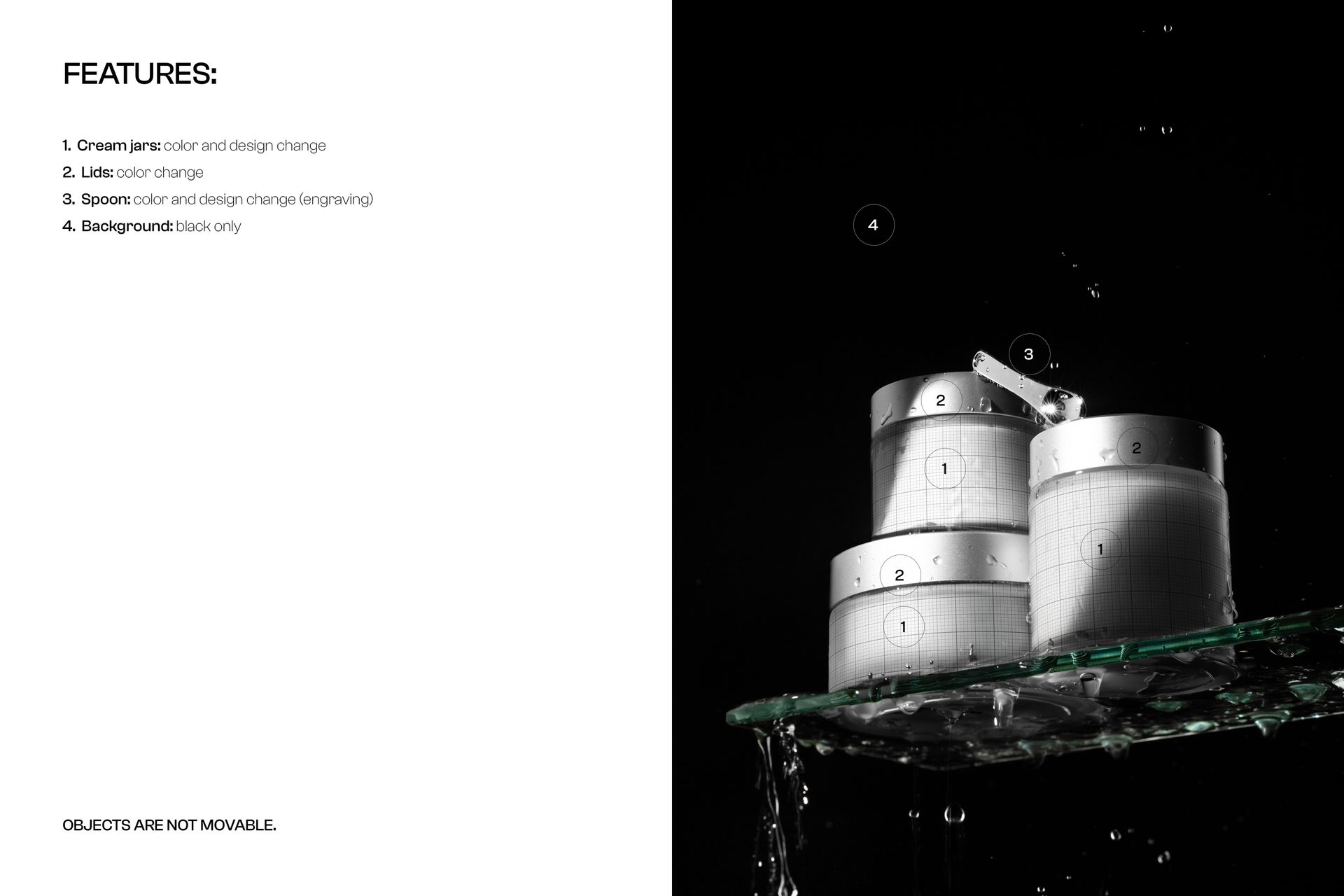 PSD mockup of metallic cosmetic jars placed on a wet glass shelf, surrounded by water splashes and droplets.