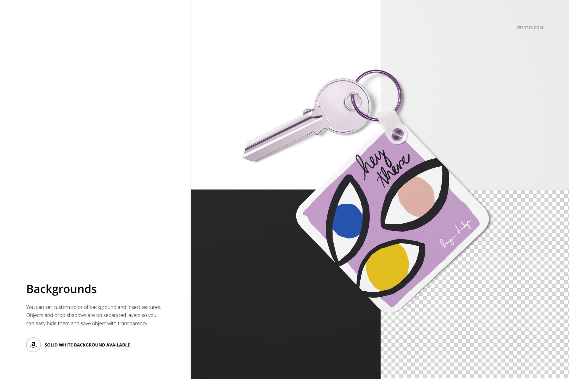PSD mockup showing a square key tag with a modern eye design and a silver key, set against white, black, and transparent blocks.