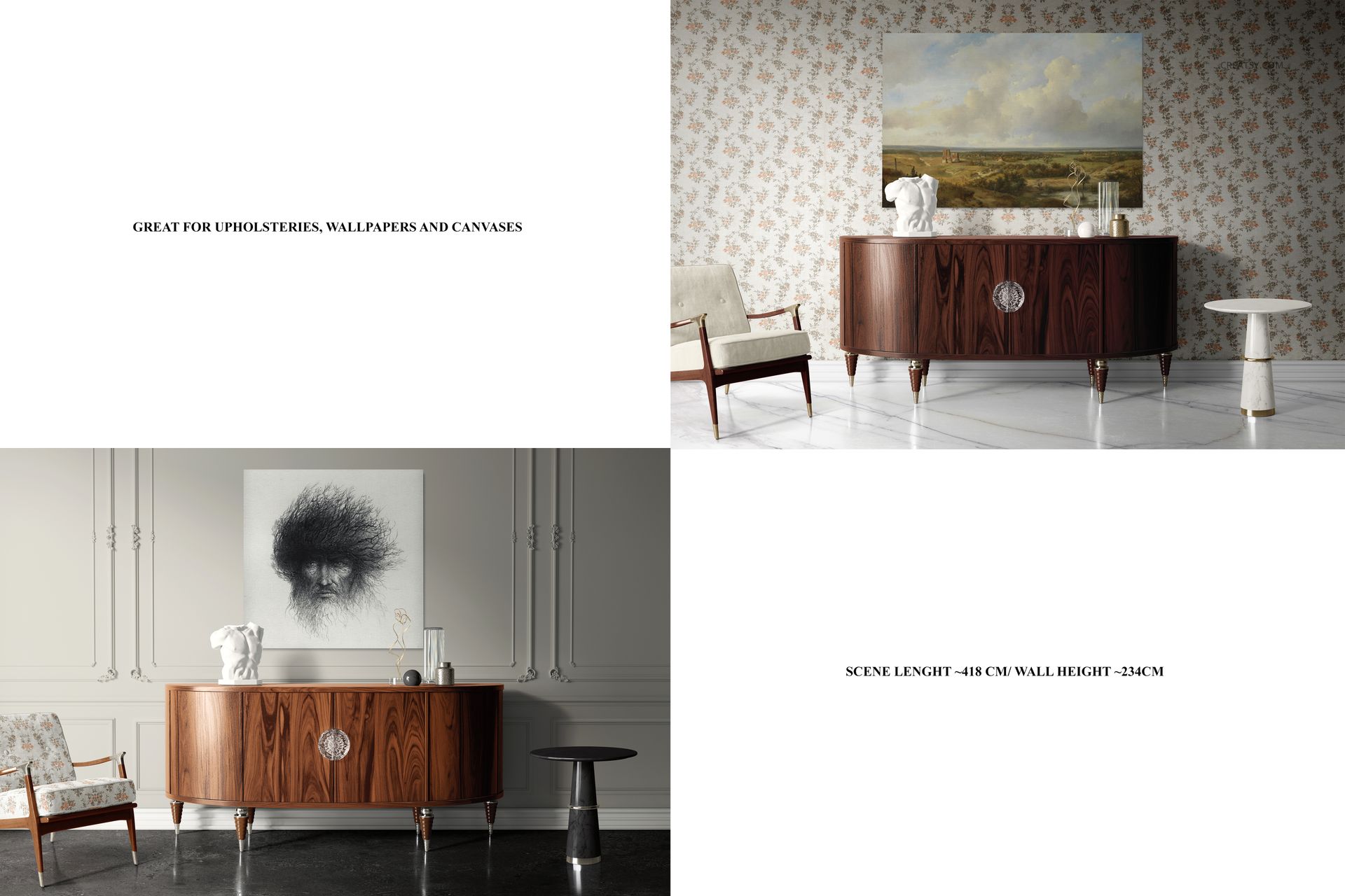 Canvas print mockup in antique-style interiors, featuring a wooden sideboard, armchair, and decorative props.