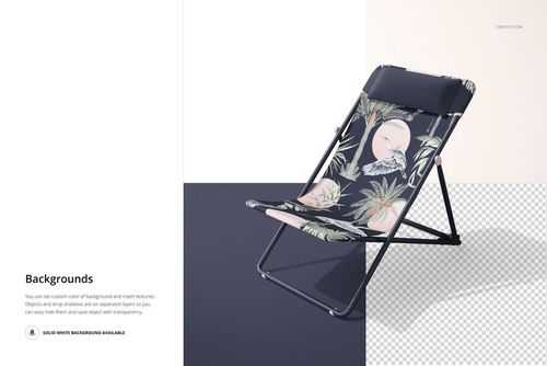 Mockup of a folding beach chair featuring a palm and bird pattern, displayed in a three-quarter front view.