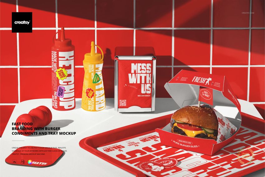 Fast Food Branding with Burger Condiments and Tray Mockup - mockup screenshot 1