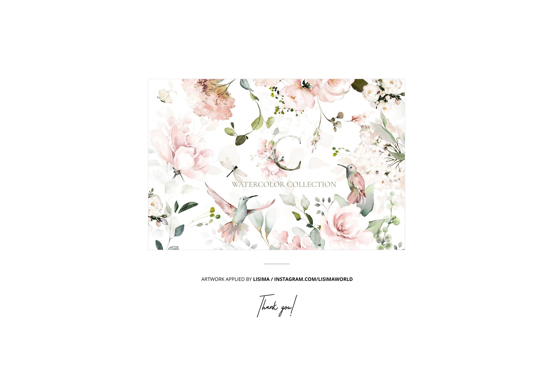 Front view of hanging fabric with a watercolor floral and bird pattern, displayed on a white background in a mockup scene.