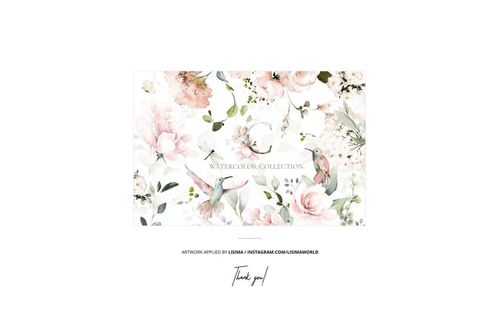 Front view of hanging fabric with a watercolor floral and bird pattern, displayed on a white background in a mockup scene.