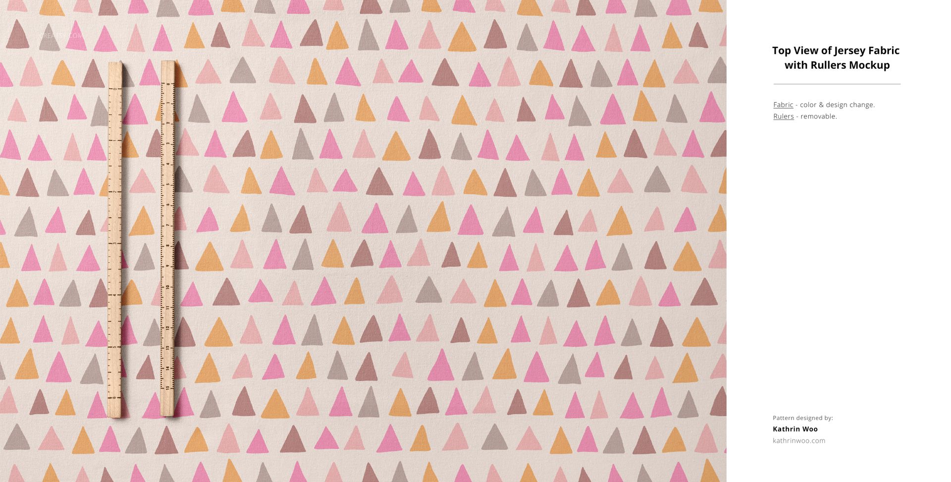 Jersey fabric mockup displaying a geometric triangle print in warm colors, viewed from above with rulers for scale.