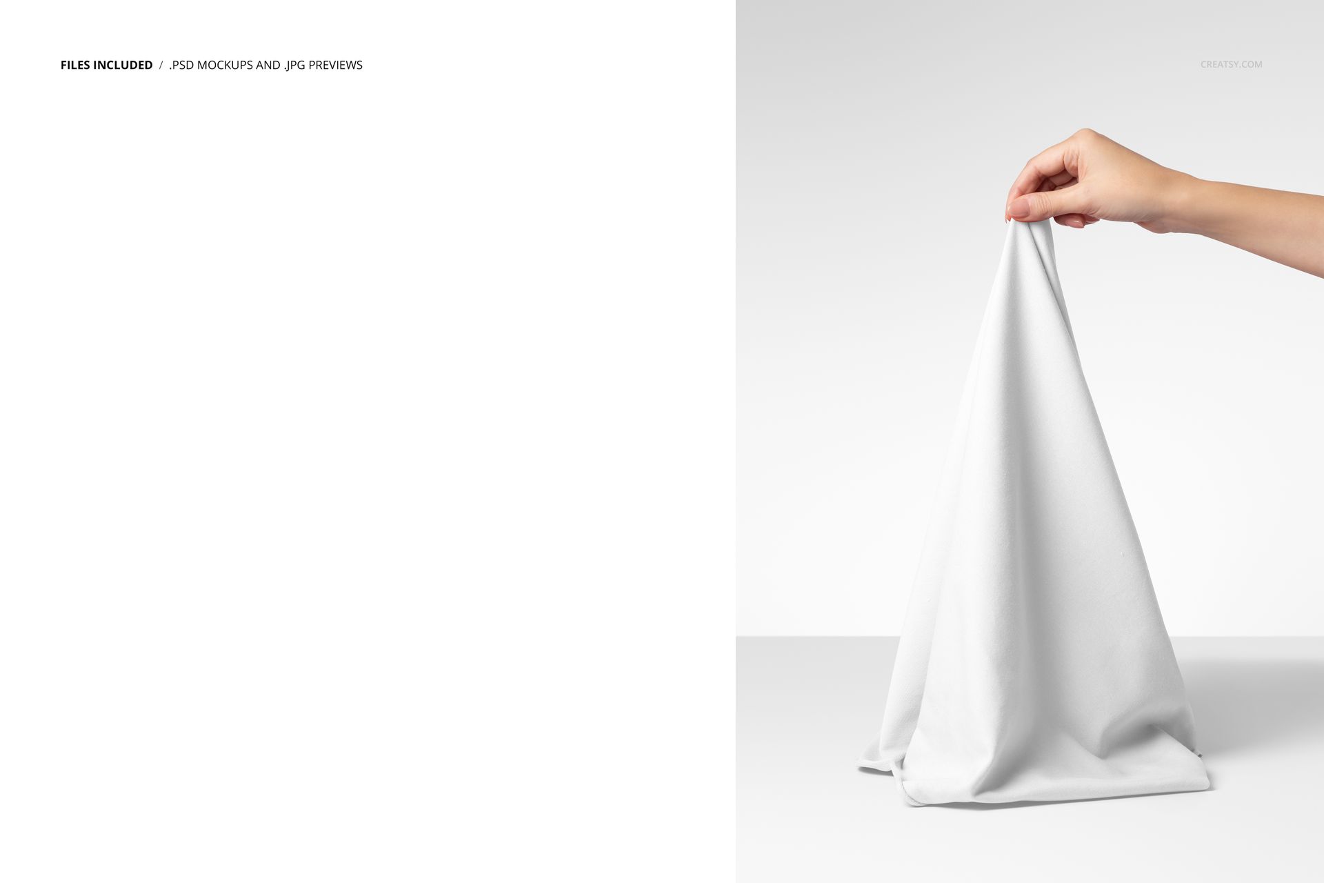 Hand holding a draped white jersey fabric, shown in a PSD mockup with a plain light background and minimal scene.