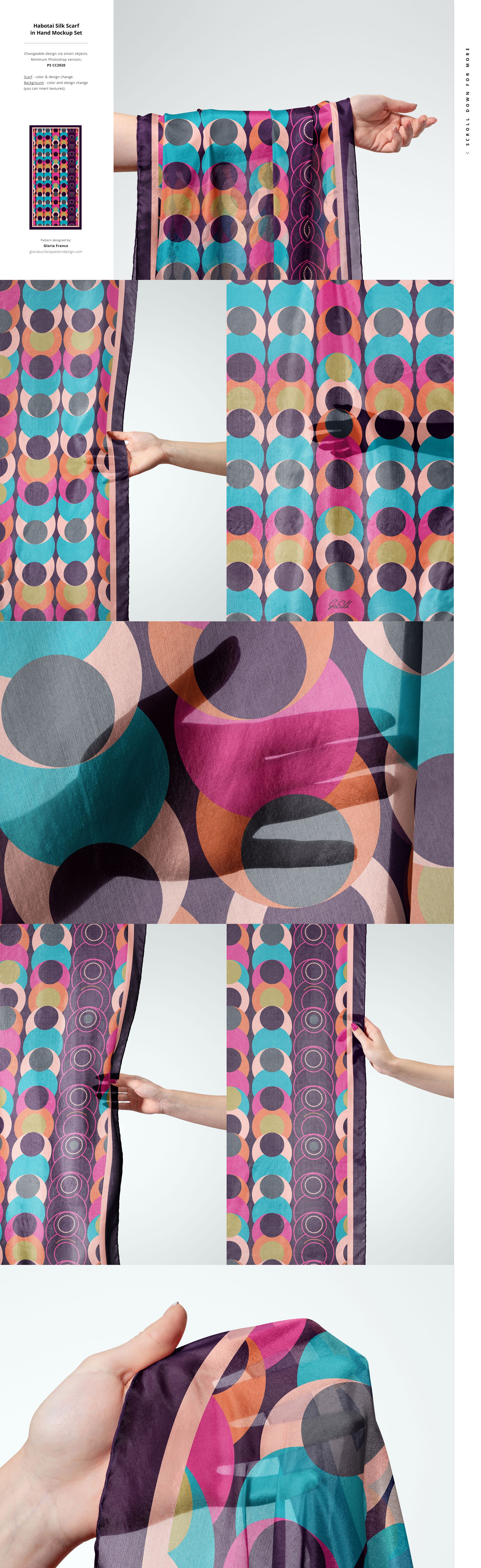 Habotai silk scarf mockup showing a rectangular scarf with colorful geometric circle patterns, held and displayed in various close-up views.