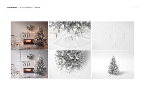 Christmas tree skirt mockup set featuring a decorated tree, fireplace, gifts, and close-up skirt views in a festive room.