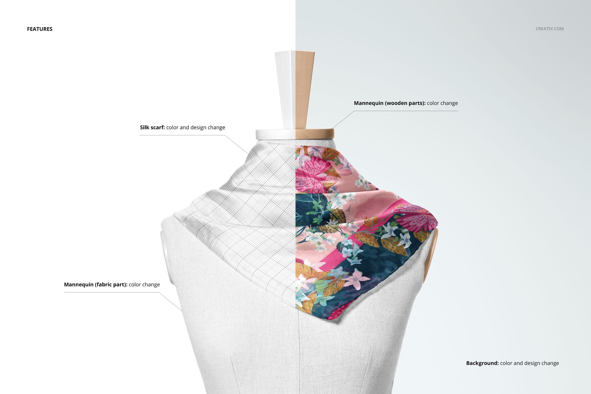 Front view of a habotai silk scarf draped on a mannequin, featuring split floral and grid patterns for a mockup display.