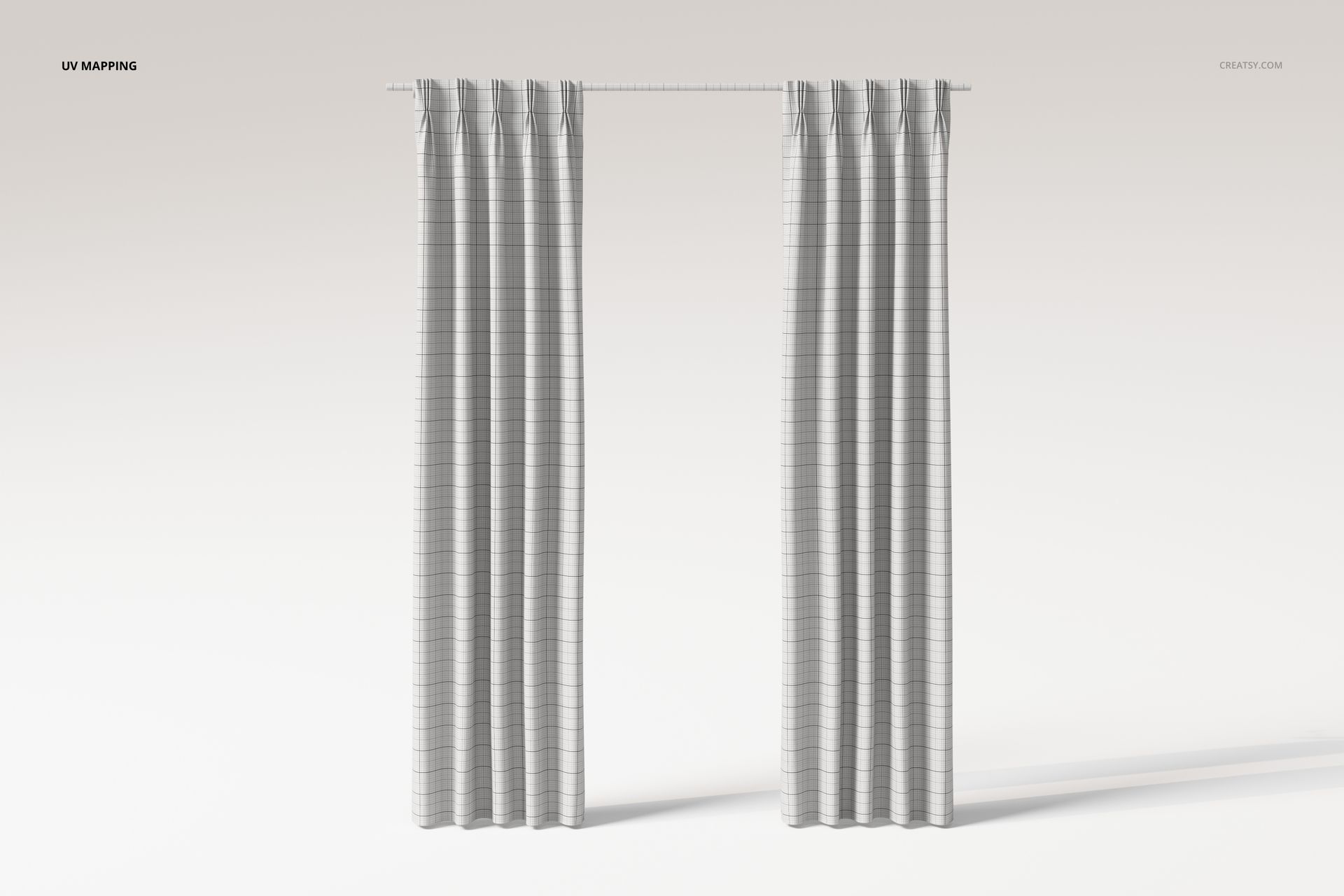 Front view of pinch pleat curtains in a light gray color with subtle horizontal stripe pattern, hanging on a rod.
