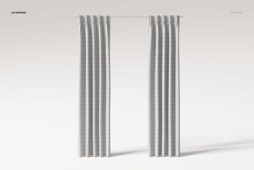 Front view of pinch pleat curtains in a light gray color with subtle horizontal stripe pattern, hanging on a rod.
