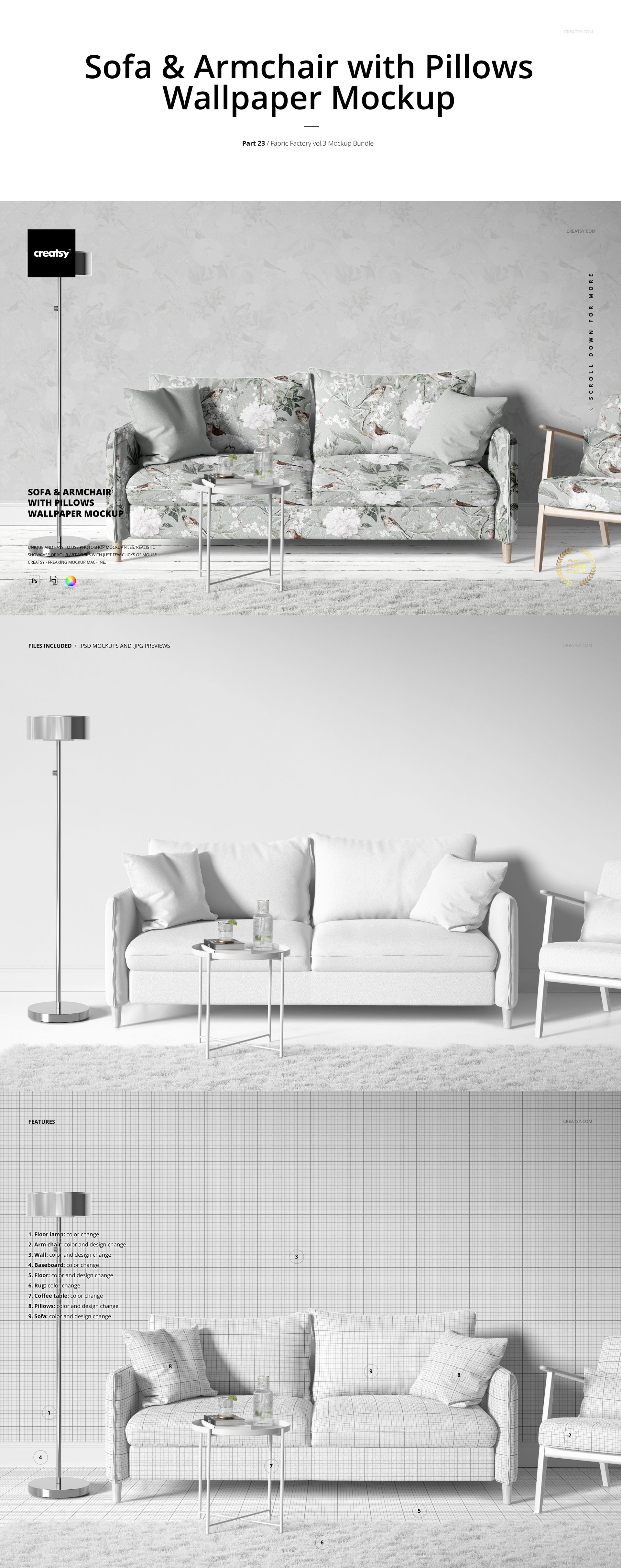 PSD mockup showing a floral sofa, armchair, and pillows in a bright room with decorative wallpaper and floor lamp.