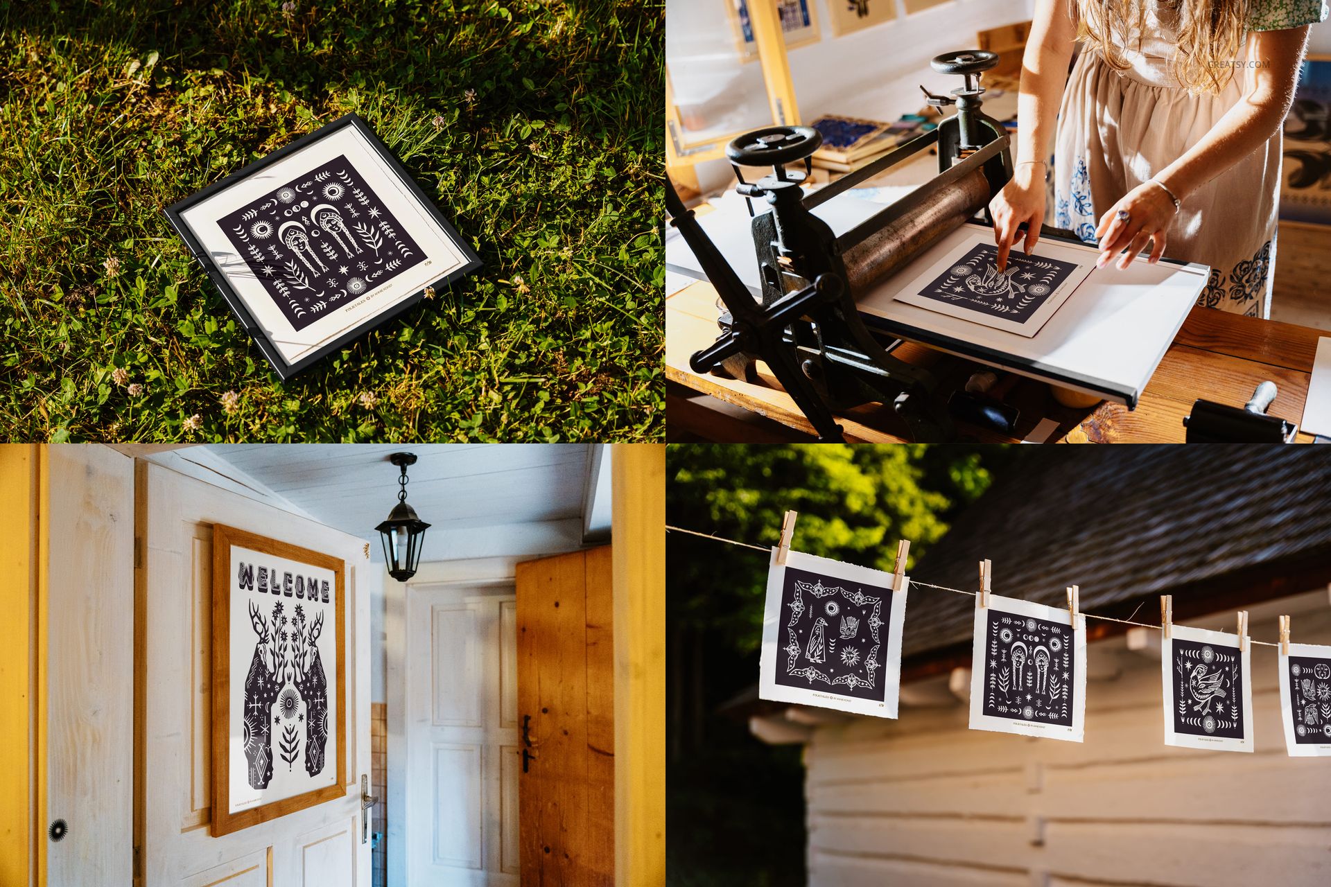 PSD mockup featuring Slavic-style prints in frames, with scenes including a sunlit studio, wooden house, and grassy lawn.