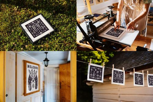 PSD mockup featuring Slavic-style prints in frames, with scenes including a sunlit studio, wooden house, and grassy lawn.