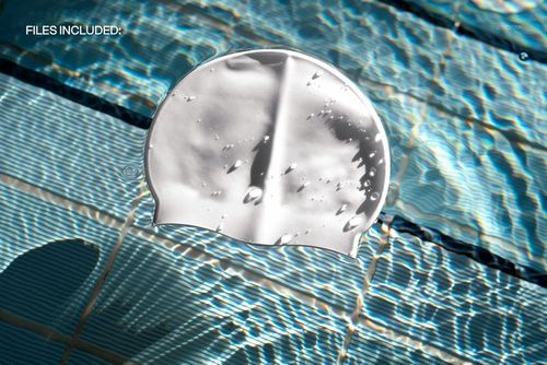 Realistic swim cap mockup drifting in a clear blue pool, showing water reflections and droplets on the cap.