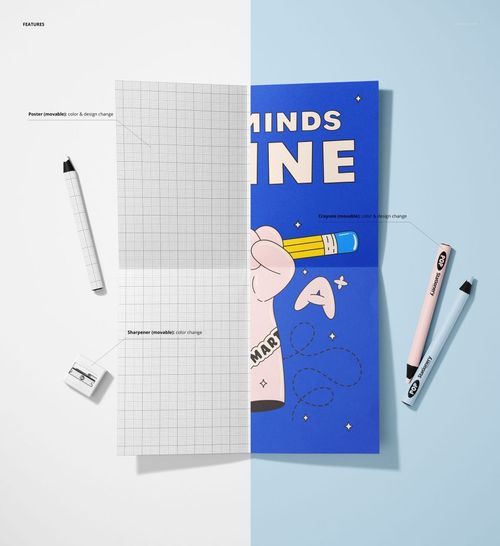 Folded poster mockup displayed on a flat surface with crayons and a pencil sharpener, shown from a top view.