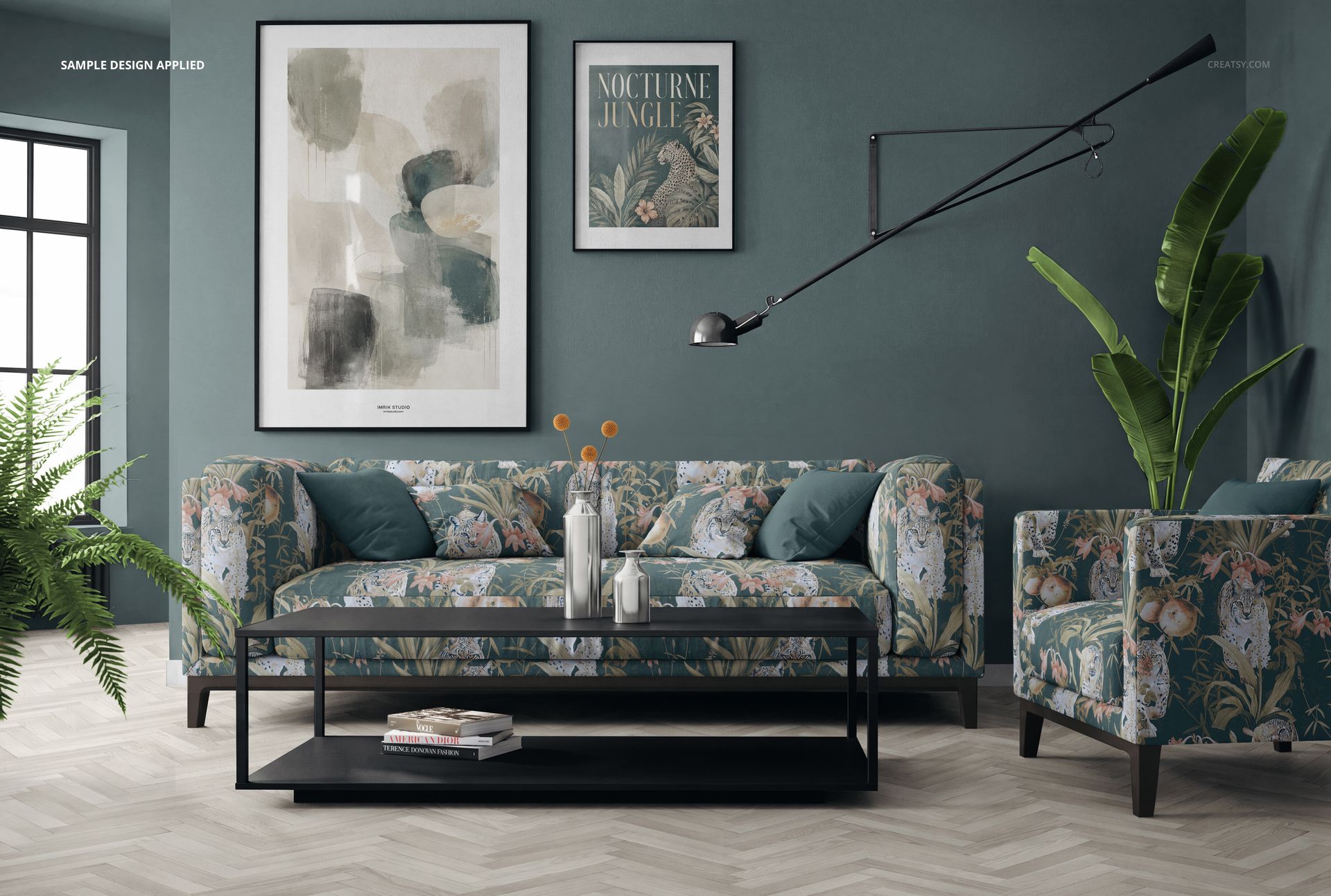 PSD mockup showing a contemporary living room featuring a floral sofa, matching armchair, and minimalist coffee table.