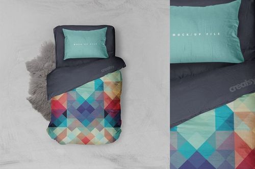 Top view of a single bed bedding mockup featuring a vibrant diamond pattern duvet and solid teal pillow.