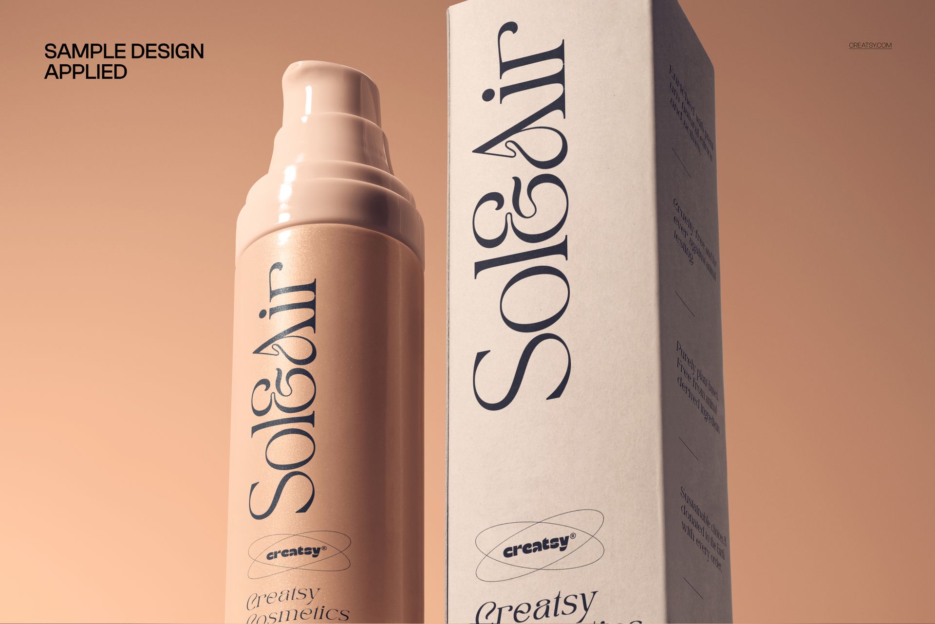 Front view of a glossy plastic airless bottle and rectangular box mockup in beige tones, set against a warm background.