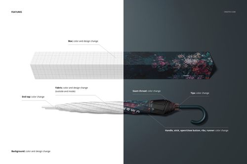 Umbrella and rectangular packaging box mockup with editable design areas, shown in a side-by-side top view layout.