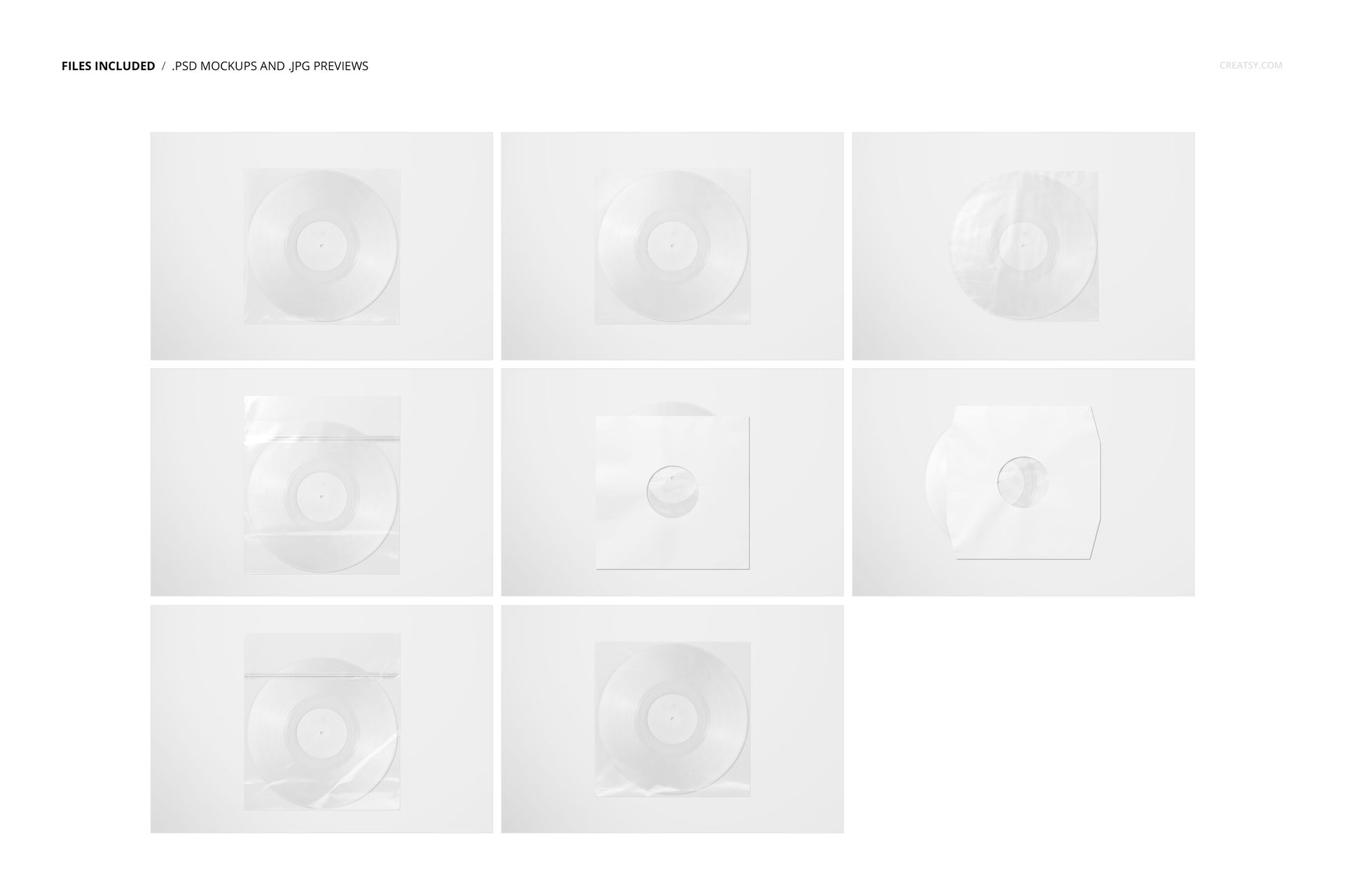 Set of nine vinyl record sleeve mockups displayed from a top view, showing clear plastic covers and records inside.