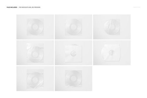 Set of nine vinyl record sleeve mockups displayed from a top view, showing clear plastic covers and records inside.
