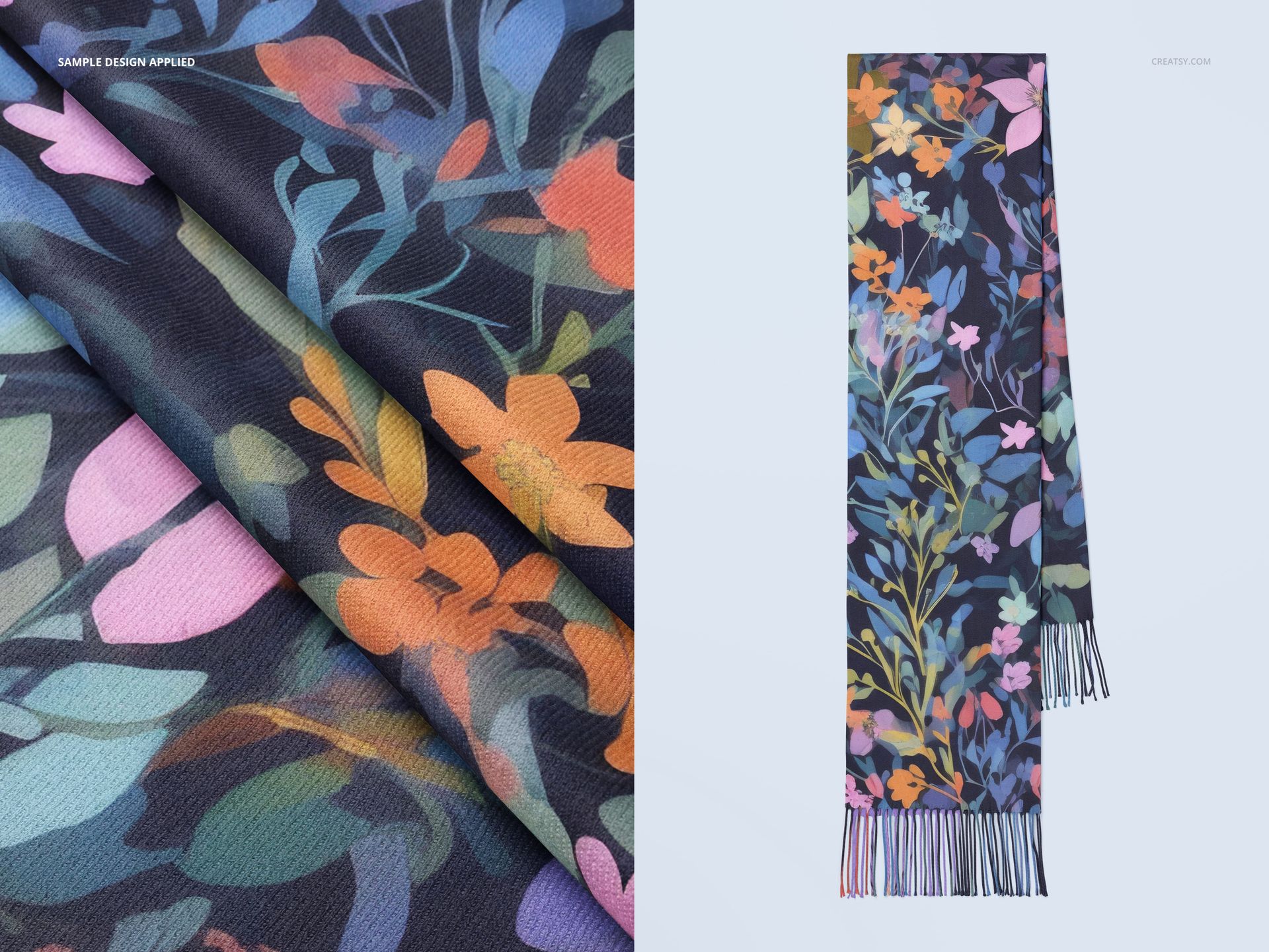 Woven scarf with colorful floral pattern, shown in close-up texture detail and full length flat lay view.