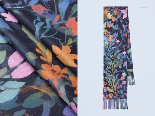 Woven scarf with colorful floral pattern, shown in close-up texture detail and full length flat lay view.
