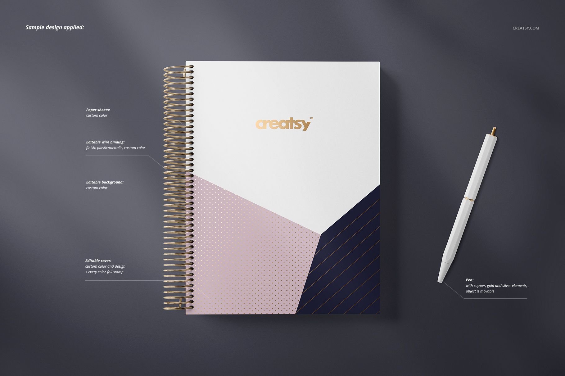 PSD mockup of a coil bound planner featuring a modern geometric cover in white, blush pink, and dark blue colors.